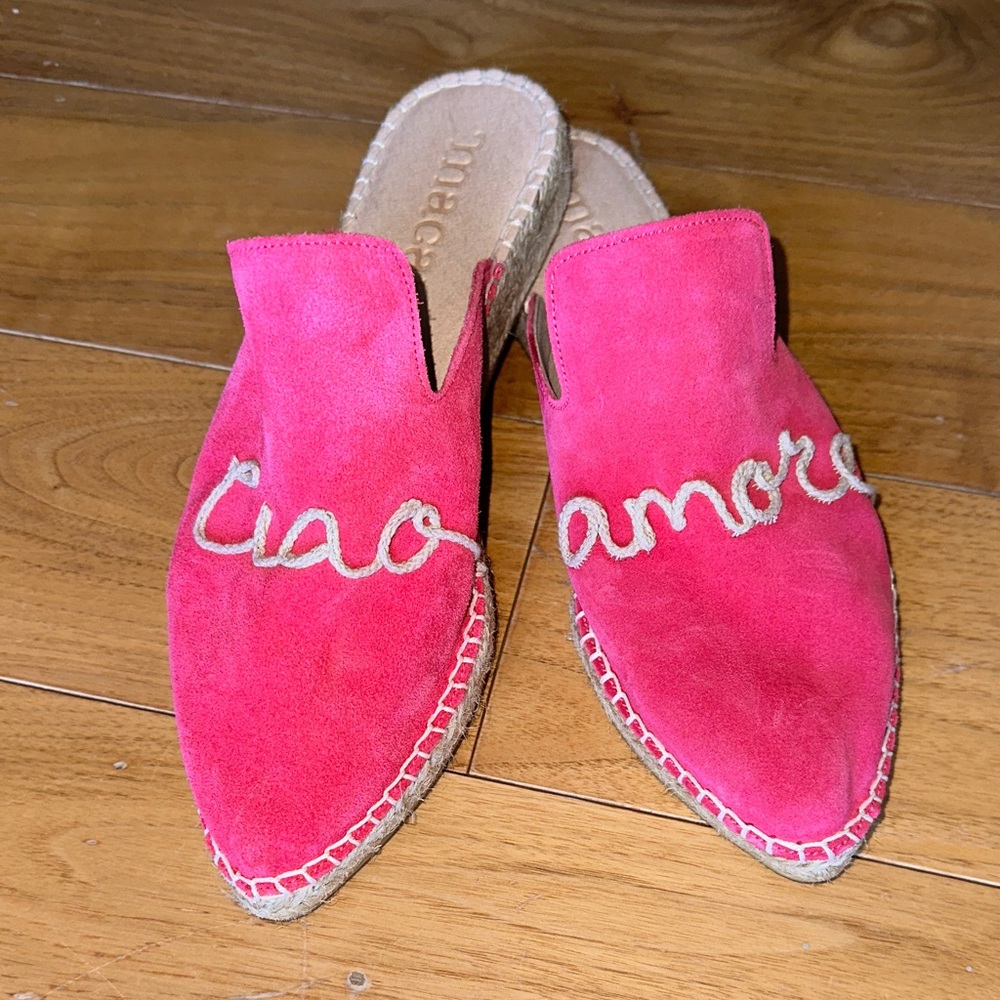 Soludos Pink Suede Embroidered Mules